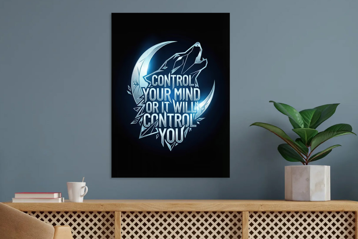 Wolf and Crescent Moon with Quote — metal poster wall art by Lineer